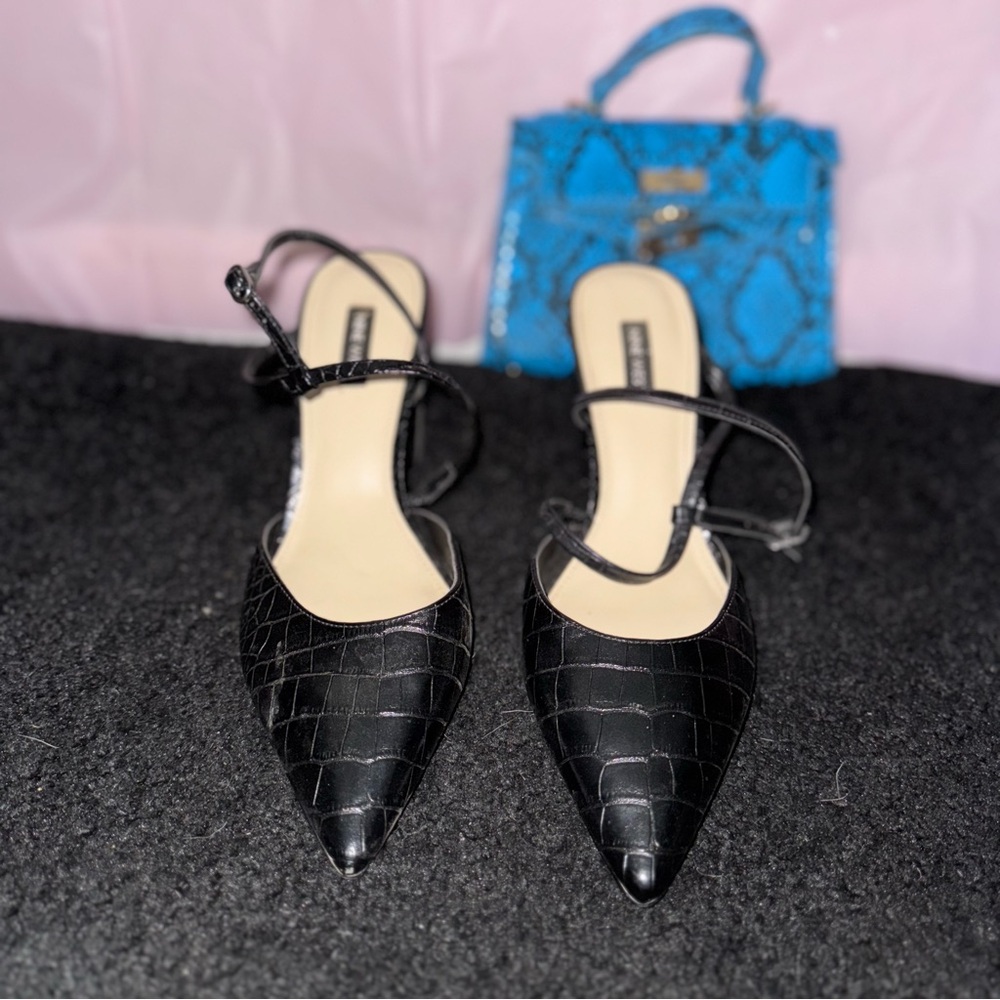 Nine West Black Croc-Embossed Slingback Heels